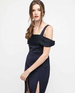 SATIN COLDSHOULDER SLIT DRESS - OSMOSE ONLINE SHOPPING